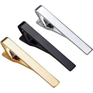 Mens Tie Clip Set 3 Pack Silver Gold Black Metal Bar Clasp Formal Necktie